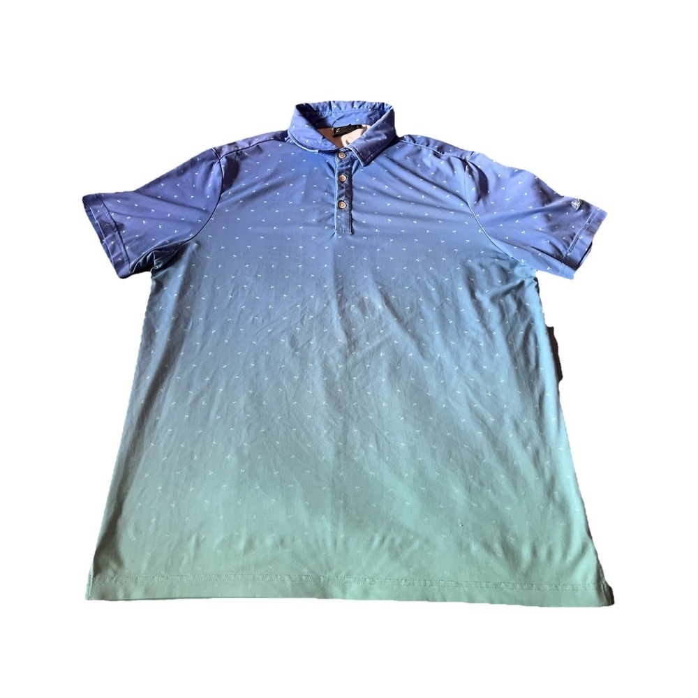 Sunday Swagger Polo Shirt Mens L Blue Green Ombre Palm Tree Print Golf Casual